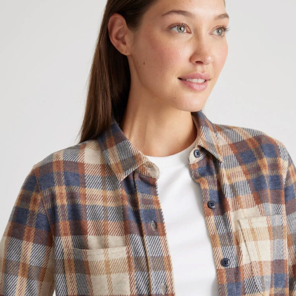 Quince Stretch Sweater Fleece Shirt in Mocha Check, Size Small - Picture 2 of 8